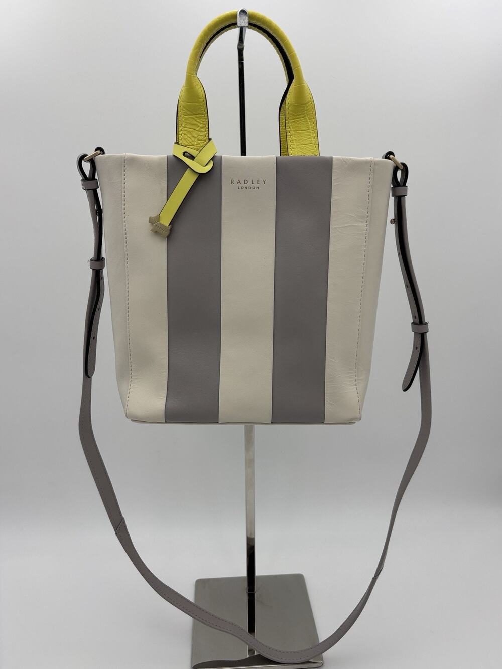 Radley Tote Bag Cream Grey Stripe Yellow Leather Shoudler Strap Top Handles